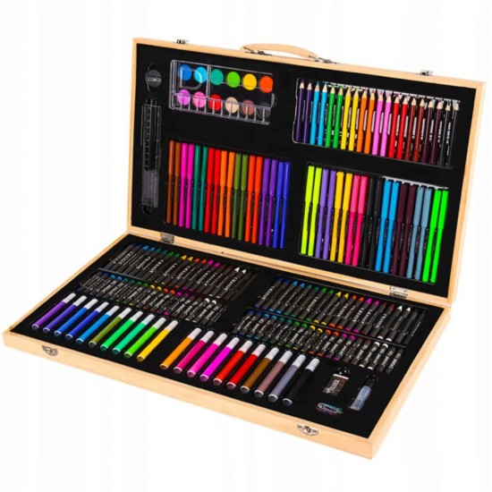 Set 180 piese pentru desen pentru copii sau adulti, creioane colorate, vopsele si markere, cu geanta de transport din LEMN MASIV