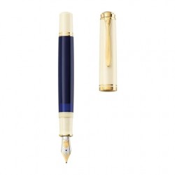 STILOU SOUVERAN M800 CREAM BLUE, PENITA F AUR 18K, ACCESORII PLACATE CU AUR, CORP ALB-ALBASTRU, CUTIE CADOU