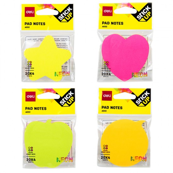 NOTES ADEZIV DIV FORME 76*76MM 4*20 FILE NEON DELI