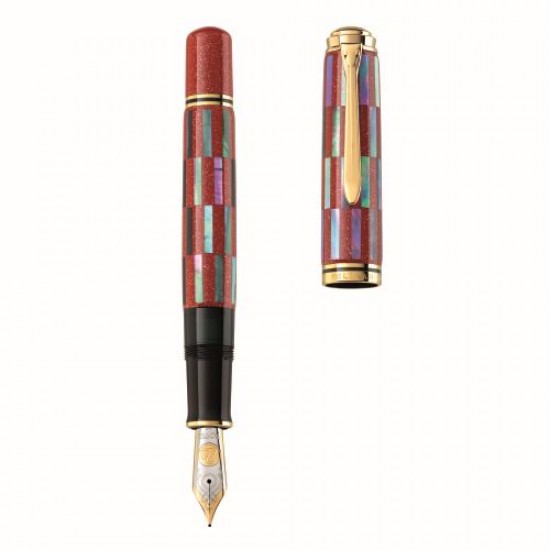 STILOU EDITIE LIMITATA SOUVERAN M1000 RADEN RED INFINITY, PENITA M DIN AUR DE 18K, ACCESORII PLACATE CU AUR, CORP LUCRAT MANUAL INNOBILAT CU PARTICULE DE SCOICA ABALONE, CUTIE CADOU