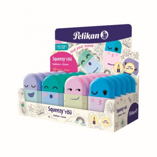 RADIERA SQUEEZY YOU, FARA FTALATI SI PVC, 4 MOTIVE/CULORI PASTEL ASORTATE MINT/LAVENDER/PINK/LIGHT BLUE PREZENTARE PE DISPLAY 20 BUC