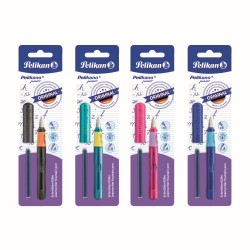 STILOU PELIKANO JUNIOR, PENITA A, GRIP ERGONOMIC, PENTRU DREPTACI, 1 PATRON MARE ALBASTRU INCLUS, CULORI ASORTATE ROZ/TURCOAZ/ANTRACIT/ALBASTRU, BLISTER