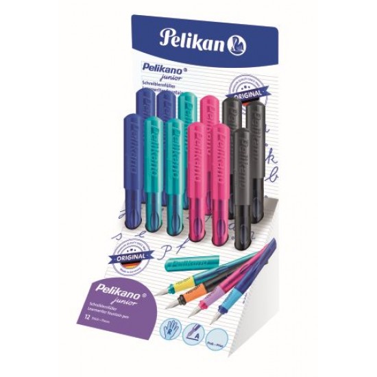 STILOU PELIKANO JUNIOR, PENITA A, GRIP ERGONOMIC, PENTRU DREPTACI, 1 PATRON MARE ALBASTRU INCLUS, CULORI ASORTATE ROZ/TURCOAZ/ANTRACIT/ALBASTRU, DISPLAY 12 BUC