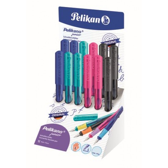 STILOU PELIKANO JUNIOR, PENITA L, GRIP ERGONOMIC, PENTRU STANGACI, 1 PATRON MARE ALBASTRU INCLUS, CULORI ASORTATE ROZ/TURCOAZ/ANTRACIT/ALBASTRU, DISPLAY 12 BUC