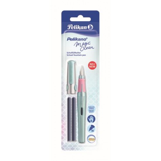 STILOU PELIKANO MAGIC OCEAN, PENITA M, PENTRU DREPTACI, INCLUDE 2 PATROANE MARI DE CERNEALA, BLISTER