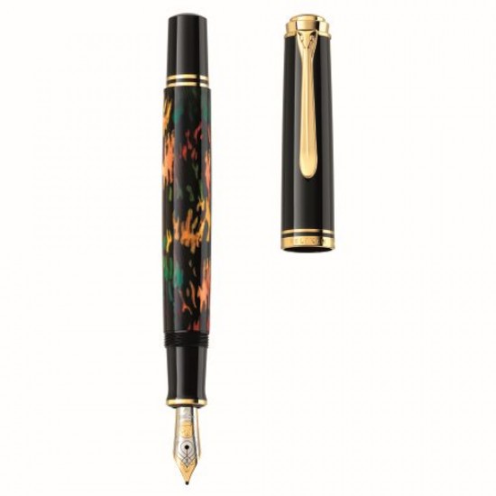 STILOU SOUVERAN M600 ART COLLECTION GLAUCO CAMBON F, PENITA AUR 14K, ACCESORII PLACATE CU AUR 24K, CORP NEGRU EFECT HOLOGRAMA, CUTIE CADOU