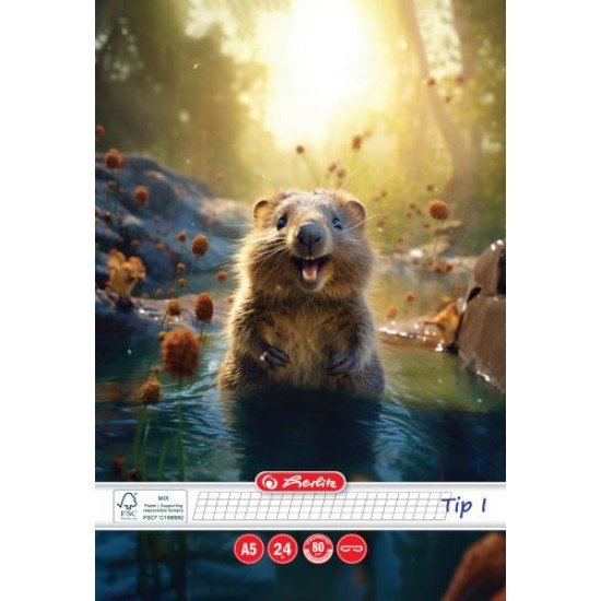 CAIET A5, 24 FILE, 80G/MP, HARTIE FSC MIX, TIP I, COLTURI ROTUNJITE, MOTIV FUNNY WILDLIFE