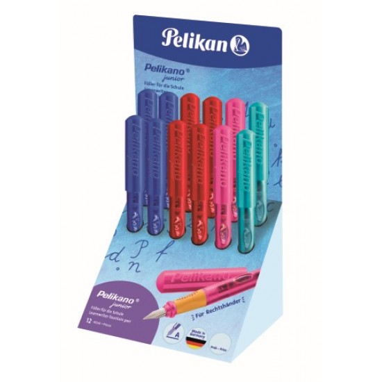 STILOU PELIKANO JUNIOR, PENITA A, GRIP ERGONOMIC, PENTRU DREPTACI, 1 PATRON MARE ALBASTRU INCLUS, DISPLAY 12 BUCATI, CULORI ASORTATE