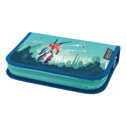 PENAR ECHIPAT 34 PIESE CU 2 CLAPE, INCLUDE ARTICOLE DE COLORIAJ, ARTICOLE PENTRU SCRIS SI STERS, FERMOAR ASCUNS, INTERIOR TEXTIL, DIMENSIUNE 13.5 X 19.5 X 3.5 CM, MOTIV ROBOTS