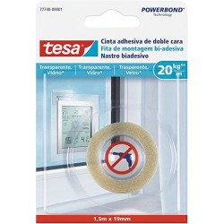 Bandă montaj pentru suprafețe transparente & sticlă 20kg/m tesa 77740-1.5mx19mm