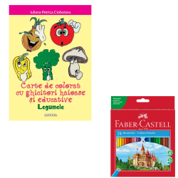 Set Creioane Colorate 24 Culori Faber-Castell + Carte de colorat cu ghicitori haioase si educative – Legumele