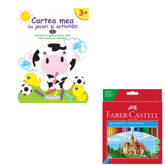 Set Creioane Colorate 24 Culori Faber-Castell + Cartea mea cu jocuri si activitati 1, carti educative pentru copii de 3-4 ani