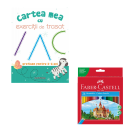 Set Creioane Colorate 24 Culori Faber-Castell + Cartea mea cu exercitii de trasat, grafisme pentru 3-6 ani