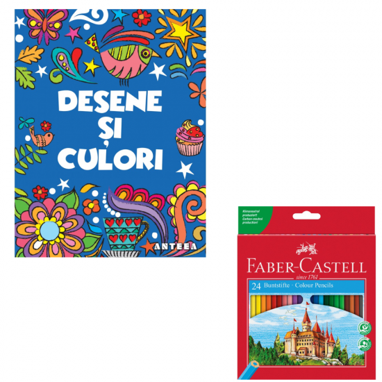 Set Creioane Colorate 24 Culori Faber-Castell + Desene si culori 1 (Natura) – carte de colorat pentru adulti, antistres, mindfulness