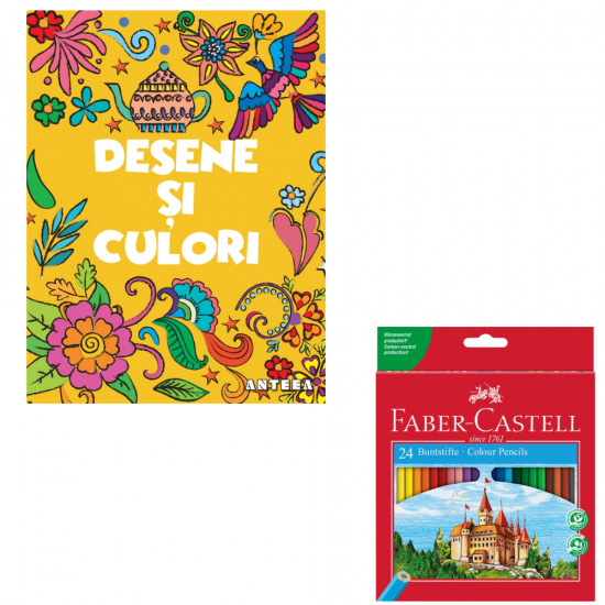 Set Creioane Colorate 24 Culori Faber-Castell + Desene si culori 2 (Natura) – carte de colorat pentru adulti, antistres, mindfulness