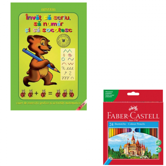Set Creioane Colorate 24 Culori Faber-Castell + Invat sa scriu, sa numar si sa socotesc – caiet de exercitii grafice si activitati matematice