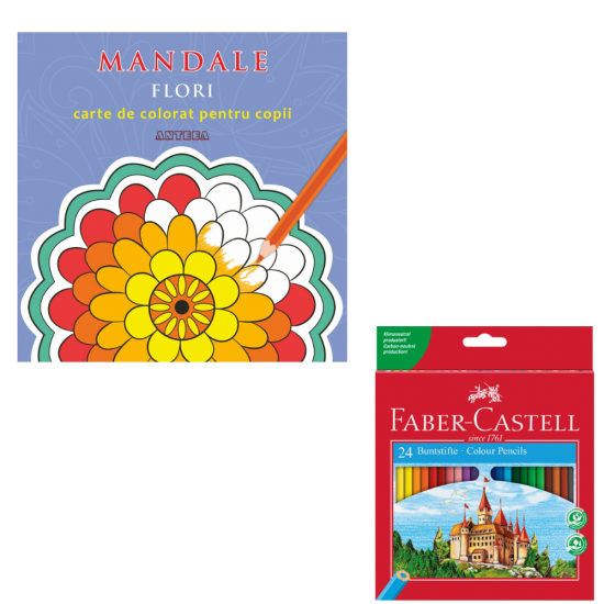 Set Creioane Colorate 24 Culori Faber-Castell + Mandale cu flori, carte de colorat pentru copii