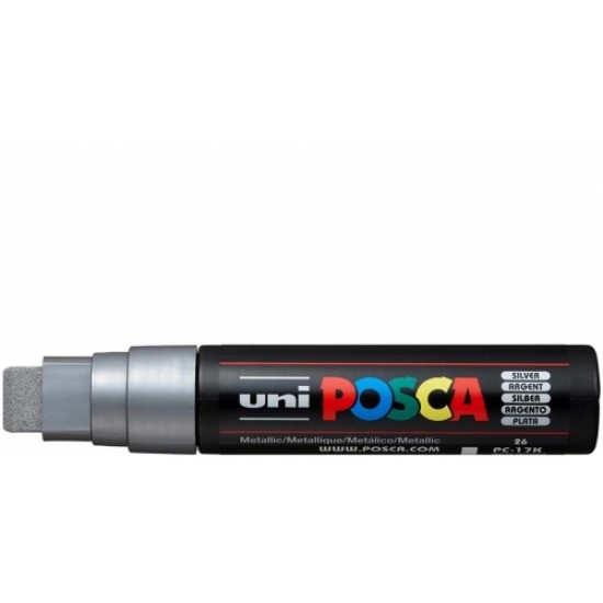 Marker pensula cu vopsea PC-17K Posca, varf tesit 15 mm, Uni-Ball, Argintiu