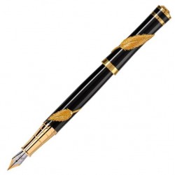 STILOU NEXUS BLACK BLACK GOLD, PENITA F DIN AUR 14K, CORP METALIC LACUIT, NEGRU, ACCESORII AURII + CALIMARA CERNEALA NEAGRA, IN CUTIE CADOU