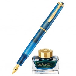 STILOU CLASSIC M200 F, CU PISTON, PENITA DIN OTEL INOXIDABIL PLACAT CU AUR, ACCESORII PLACATE CU AUR, CORPGOLDEN LAPIS + CALIMARA CERNEALA GOLDEN LAPIS 50ML, IN CUTIE CADOU