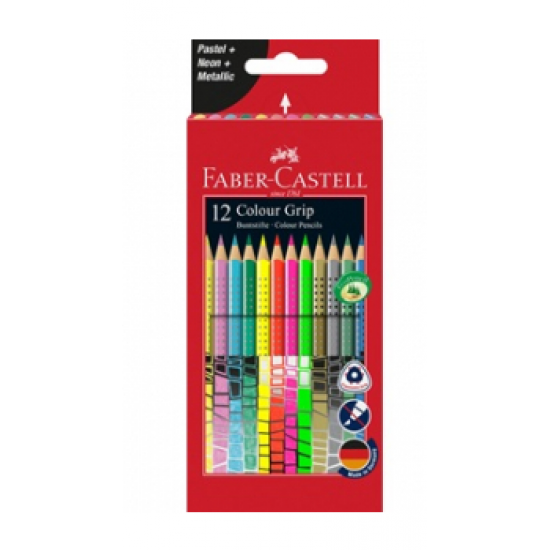 Creioane colorate grip 12 culori metalice/neon Faber Castell